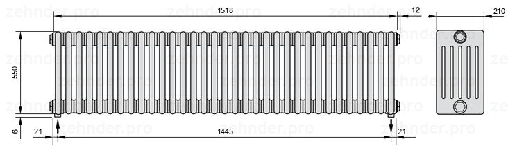 Схема (чертеж) Радиатор Zehnder Charleston 6055/33 №3570 Белый глянцевый RAL 9016